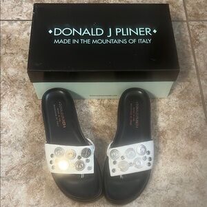 Donald J Pliner White Slide Sandals with Silver Accents